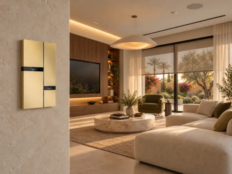 Illustration d’une villa marocaine connectée avec une commande Basalte Fibonacci, éclairage, stores et audiovisuel intégrés